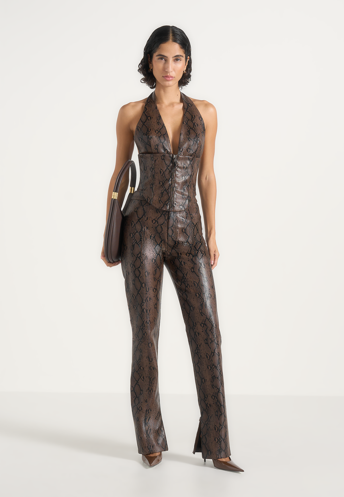 Sloane - Python Halter Corset Top - Brown
