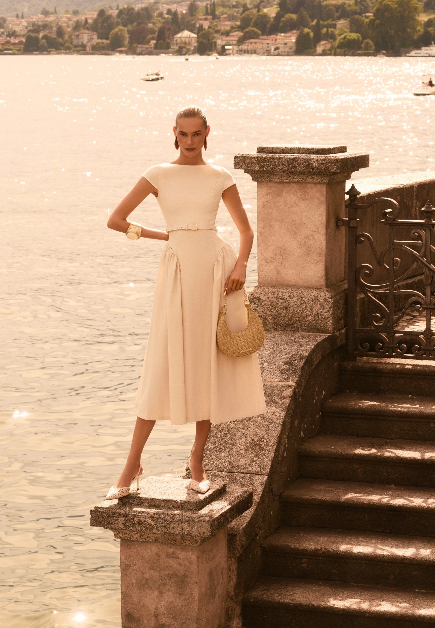 Gaia - Linen Boat Neck Belted Pleated Midi Dress - Natural
