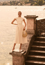 Gaia - Linen Boat Neck Belted Pleated Midi Dress - Natural