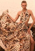 June - Chain Belt Cut-Out Georgette Halter Maxi Dress - Animal