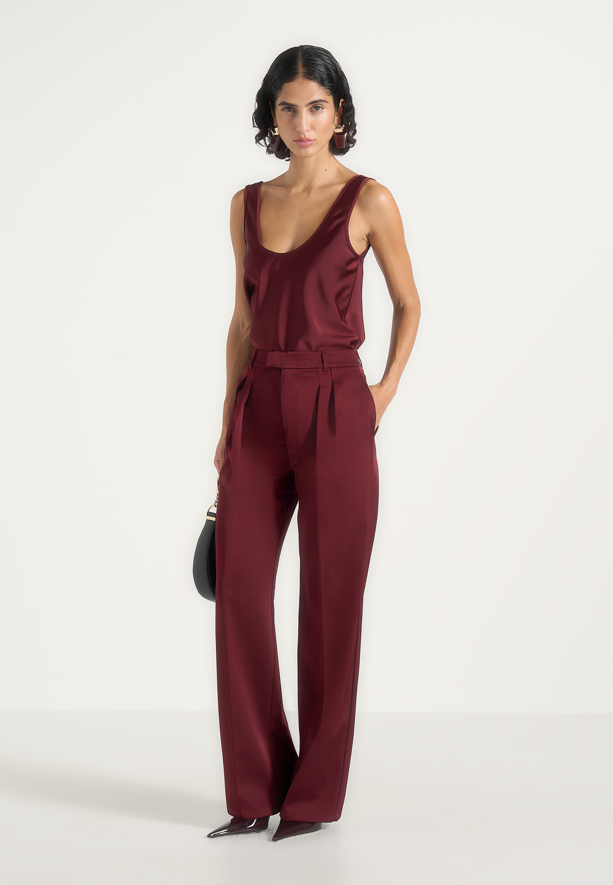Sasha - Satin Scoop Neck Open Back Tank Top - Wine Red