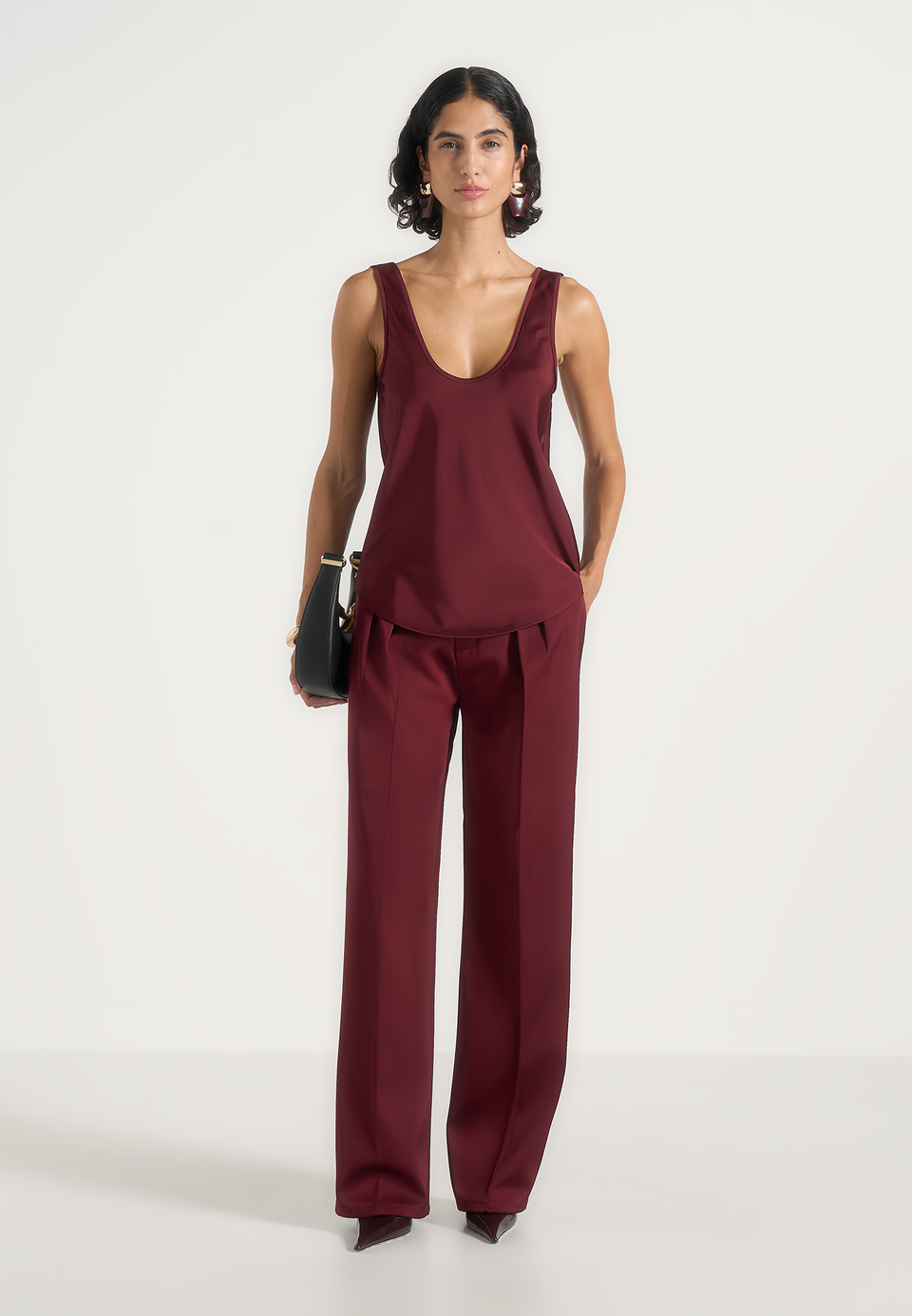 Julie - Satin Twin Pleat Pants - Wine Red