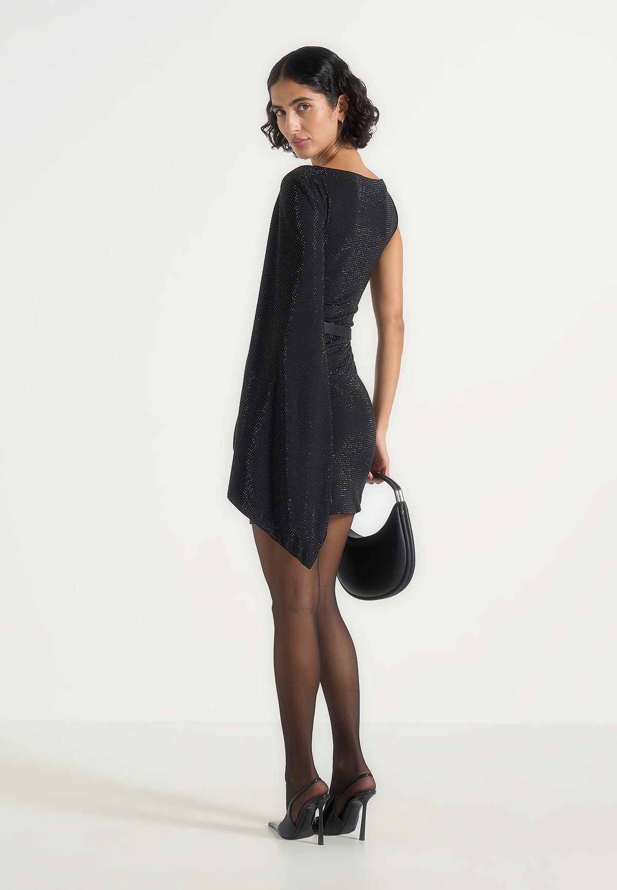 Chana - Embellished Drape Cape Mini Dress - Black