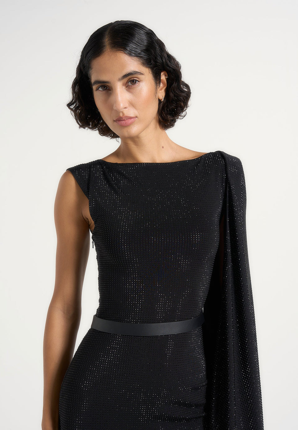 Chana - Embellished Drape Cape Mini Dress - Black