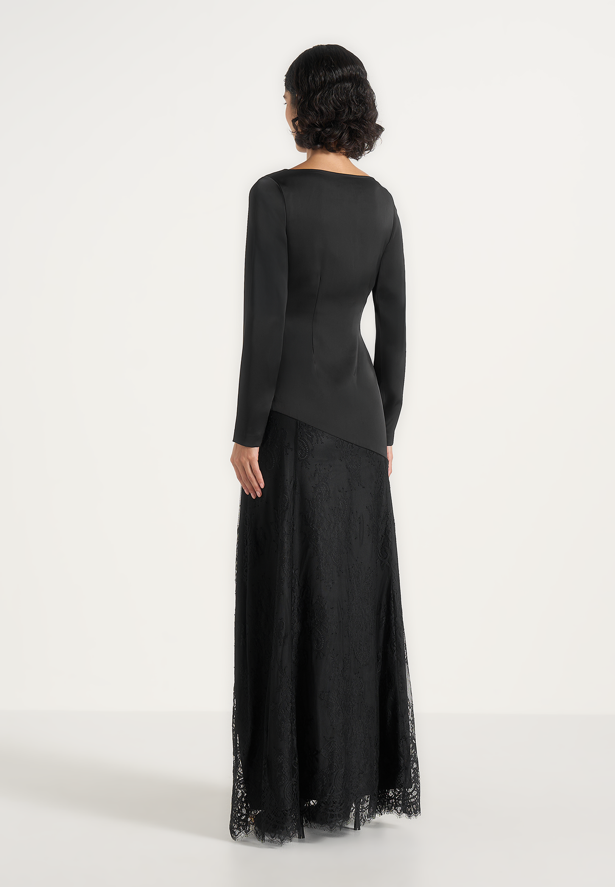 Miriam - Asymmetric Satin & Lace Maxi Dress With Lace Scarf - Black
