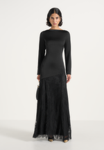 Miriam - Asymmetric Satin & Lace Maxi Dress With Lace Scarf - Black