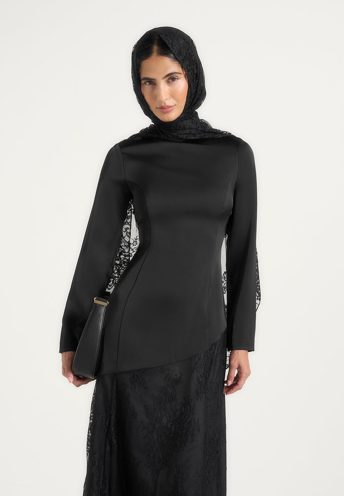 Miriam - Asymmetric Satin & Lace Maxi Dress With Lace Scarf - Black