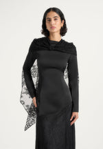 Miriam - Asymmetric Satin & Lace Maxi Dress With Lace Scarf - Black