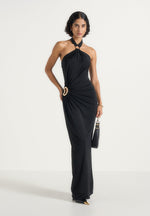 Amalia - Halter Ruched Hip Hardware Maxi Dress - Black
