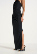 Amalia - Halter Ruched Hip Hardware Maxi Dress - Black