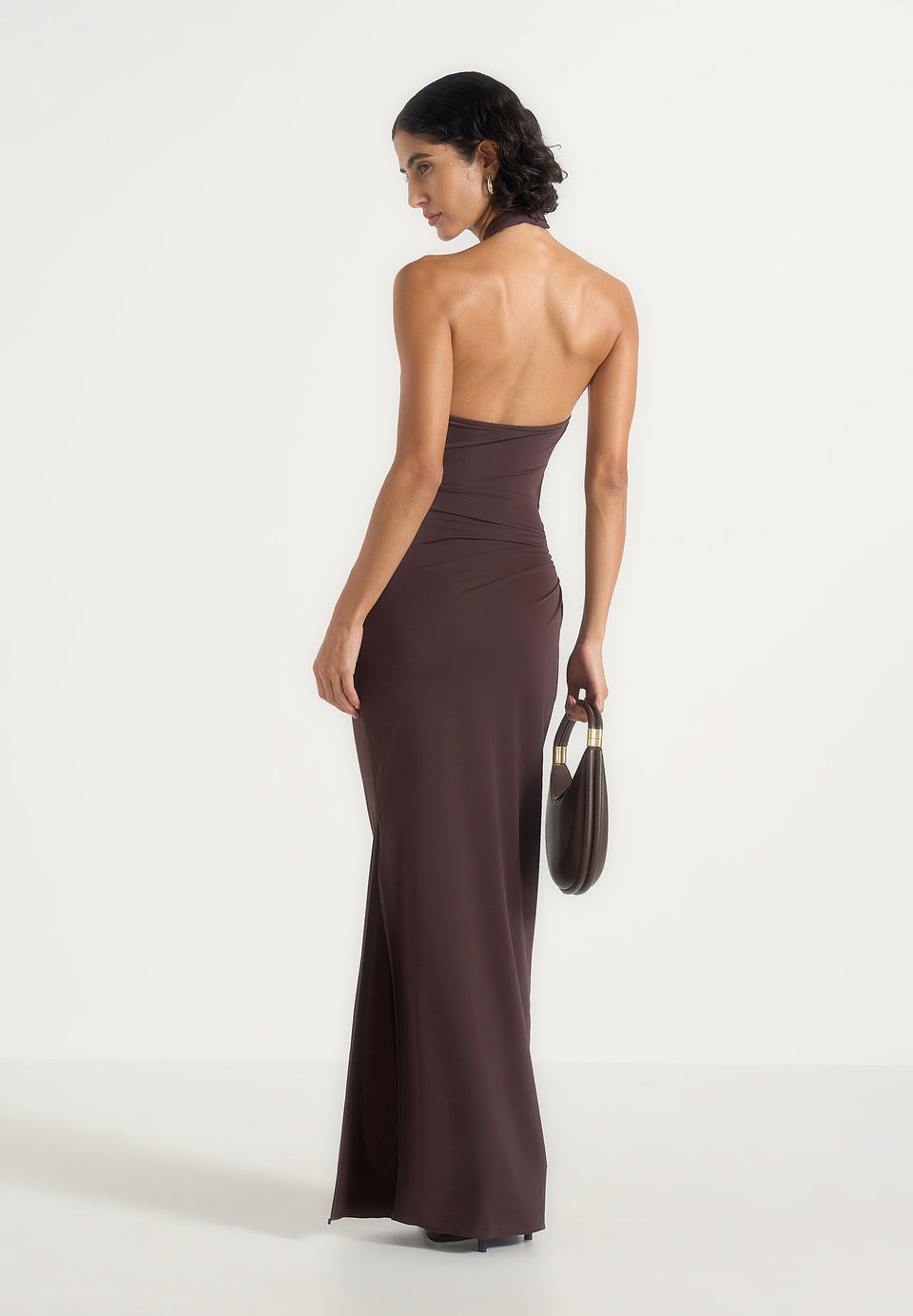 Amalia - Halter Ruched Hip Hardware Maxi Dress - Brown