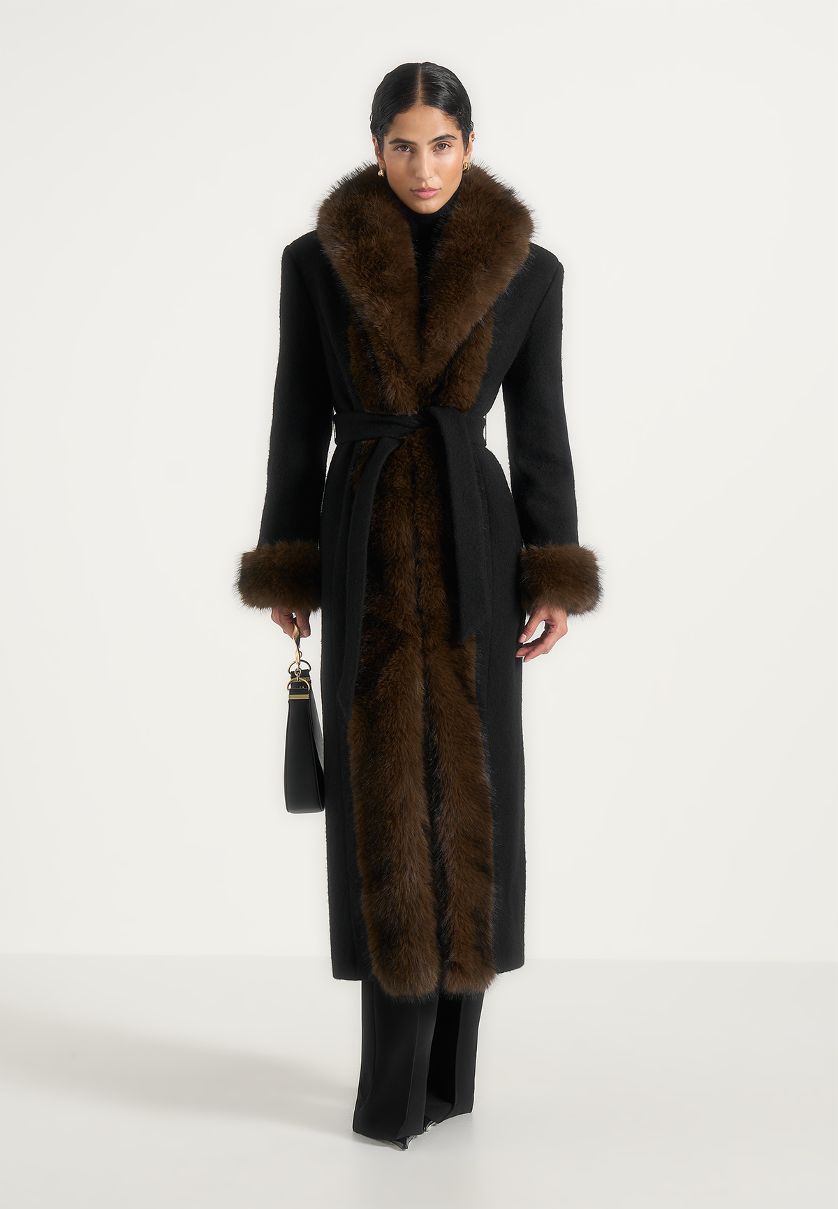 Kate - Fur Trim Belted Wool Maxi Coat - Black