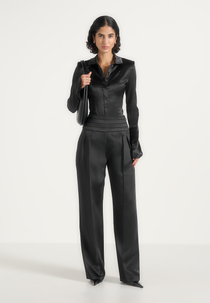 Fallon - Pleated Waistband Straight Leg Pants - Black