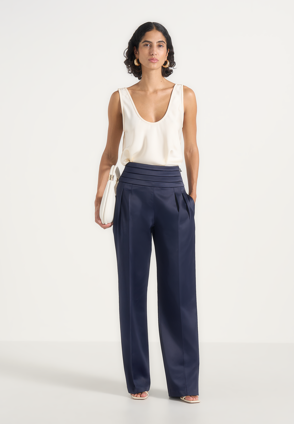 Fallon - Pleated Waistband Straight Leg Pants - Navy