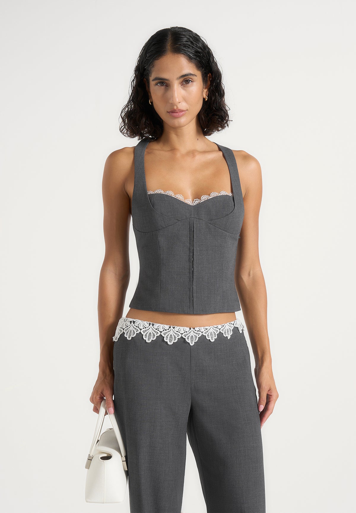 Lise - Lace Trim Wool-Blend Halter Corset Top - Grey