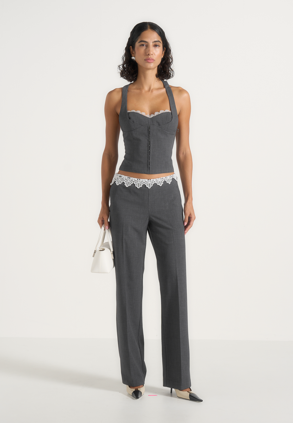 Jocelyn - Lace Waistband Tailored Wool-Blend Pants - Grey
