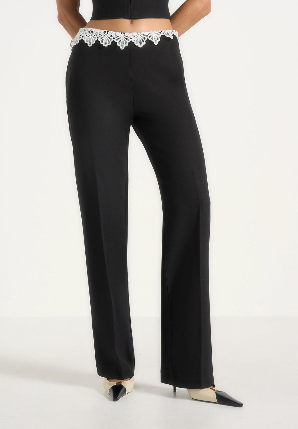 Jocelyn - Lace Waistband Tailored Wool-Blend Pants - Black