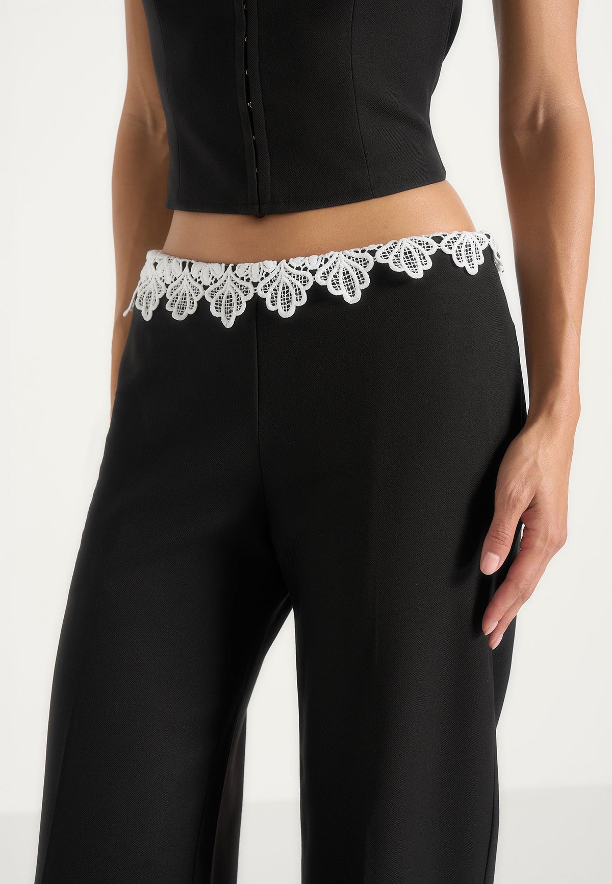 Jocelyn - Lace Waistband Tailored Wool-Blend Pants - Black