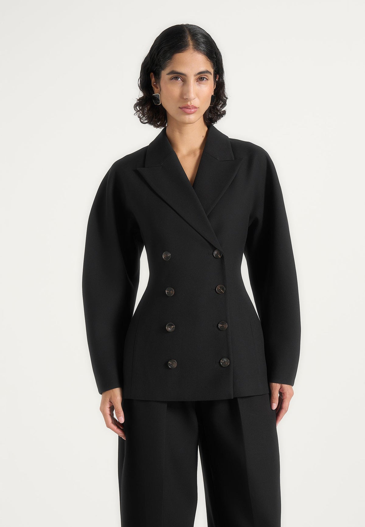 Greer - Wool-Blend Balloon Sleeve Double Breasted Blazer - Black
