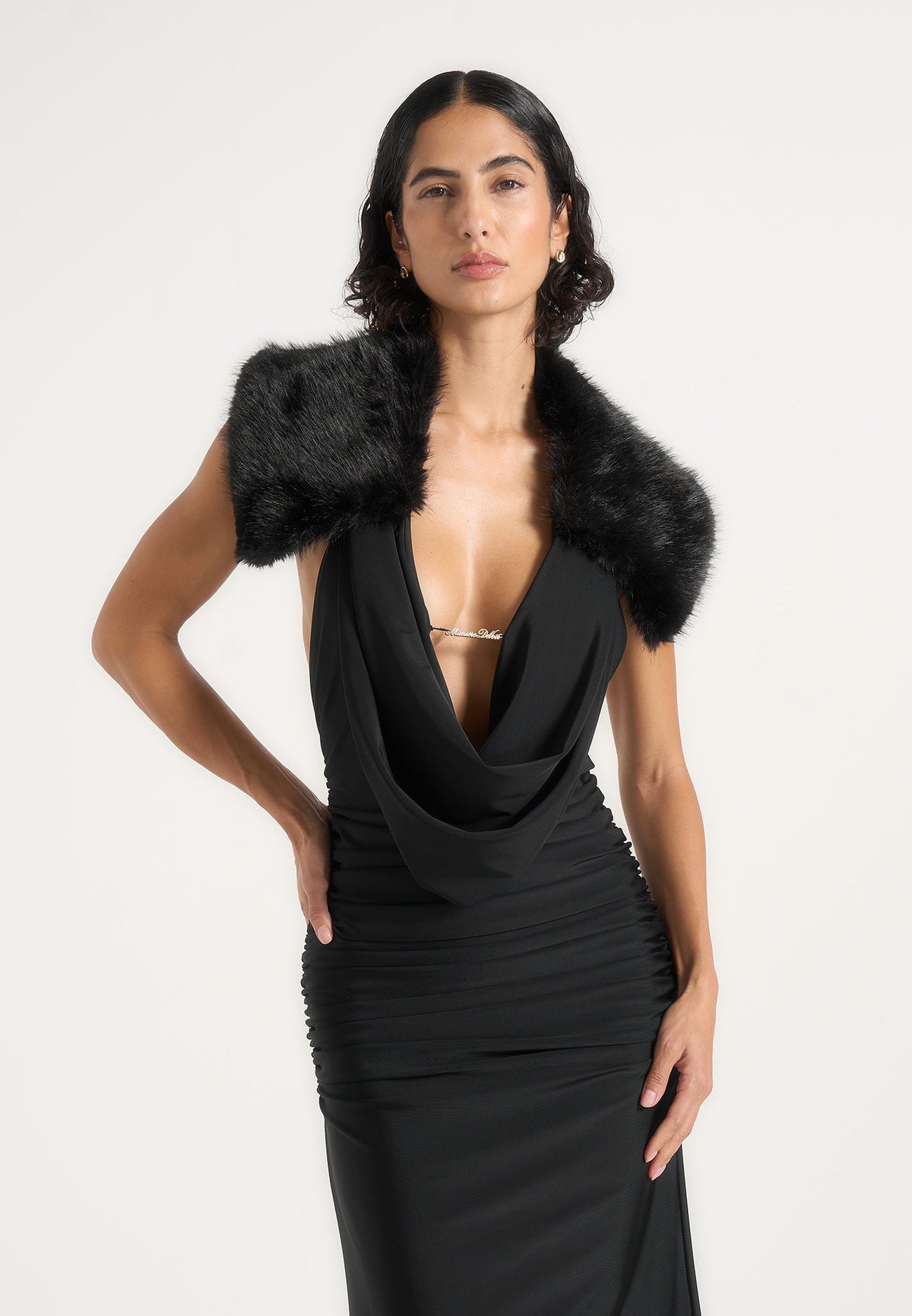 Betsy - Fur Stole Cowl Neck Maxi Dress - Black