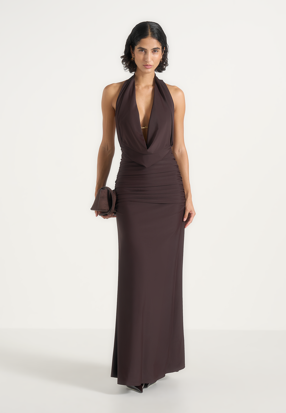 Betsy - Fur Stole Cowl Neck Maxi Dress - Brown