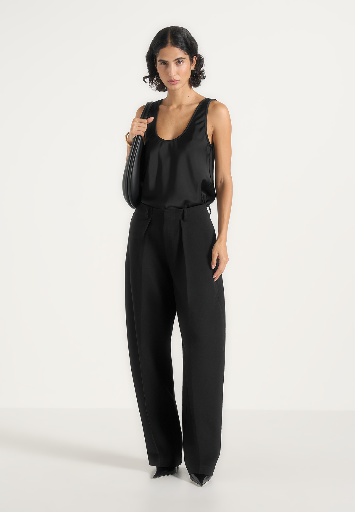 Kylie - Barrel Leg Press Crease Wool-Blend Pants - Black