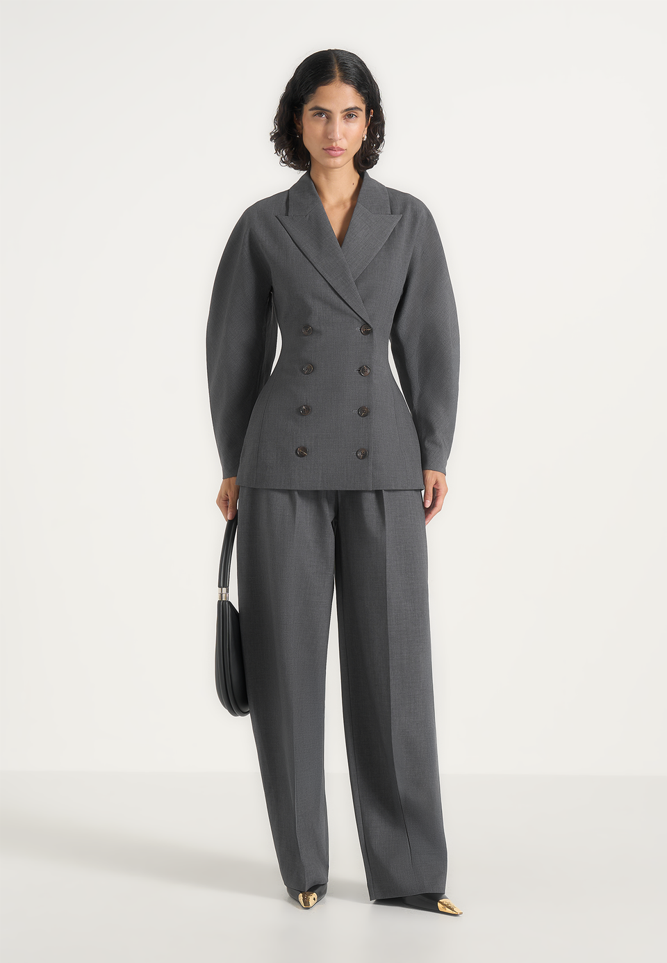 Kylie - Barrel Leg Press Crease Wool-Blend Pants - Grey
