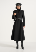 Seraphine - Fluted Hem Belted Wool-Blend Coat - Black