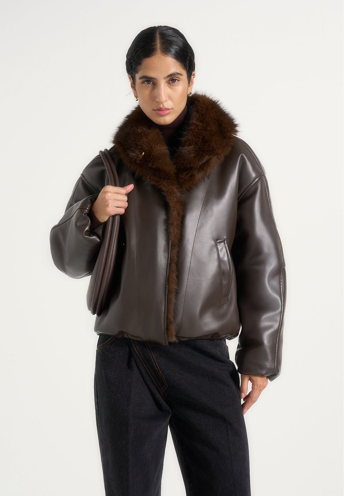 Oakley - Fur Collar Leather Bomber Jacket - Brown