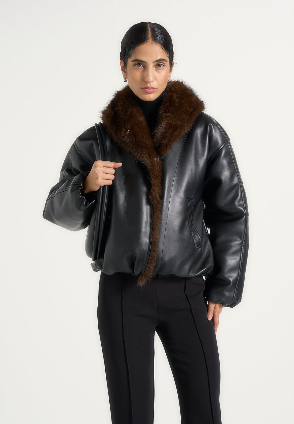 Oakley - Fur Collar Leather Bomber Jacket - Black