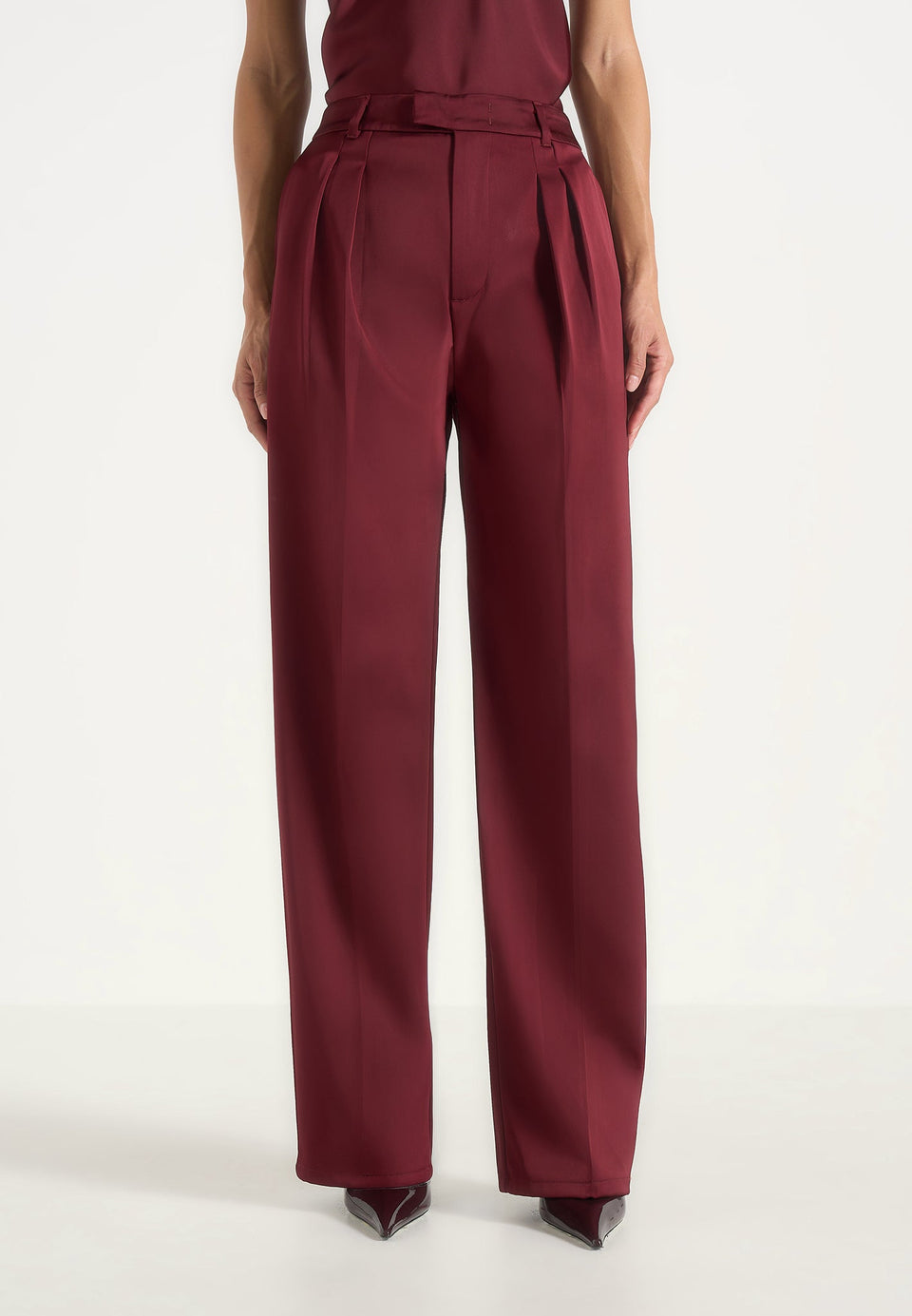 Julie - Satin Twin Pleat Pants - Wine Red