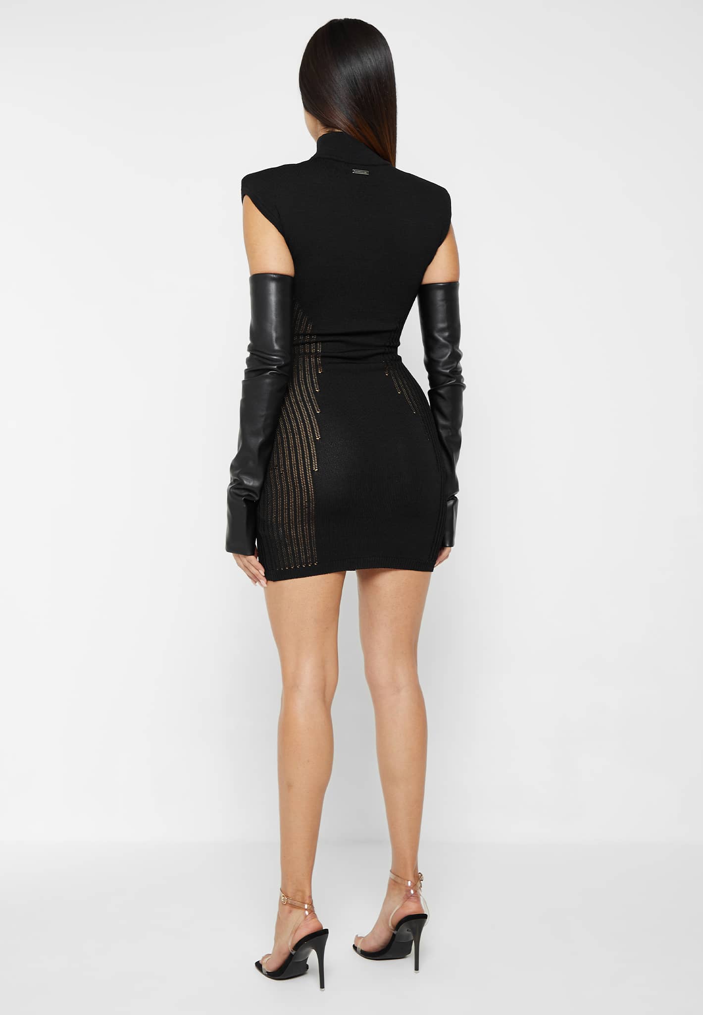 Knitted Contour Dress with Vegan Leather Sleeves - Black