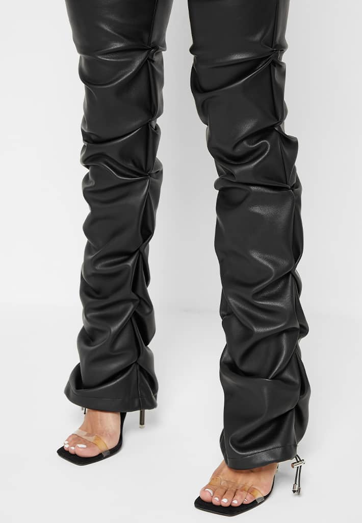 tacked-vegan-leather-flared-trousers-black