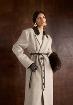 Anissa - Herringbone Wool Oversized Coat with Leather Belt - Beige