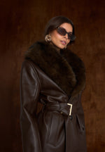 Cenya - Fur Collar Belted Leather Coat - Brown