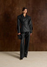Marie - Twist Sleeve Leather Blazer with Belt - Black