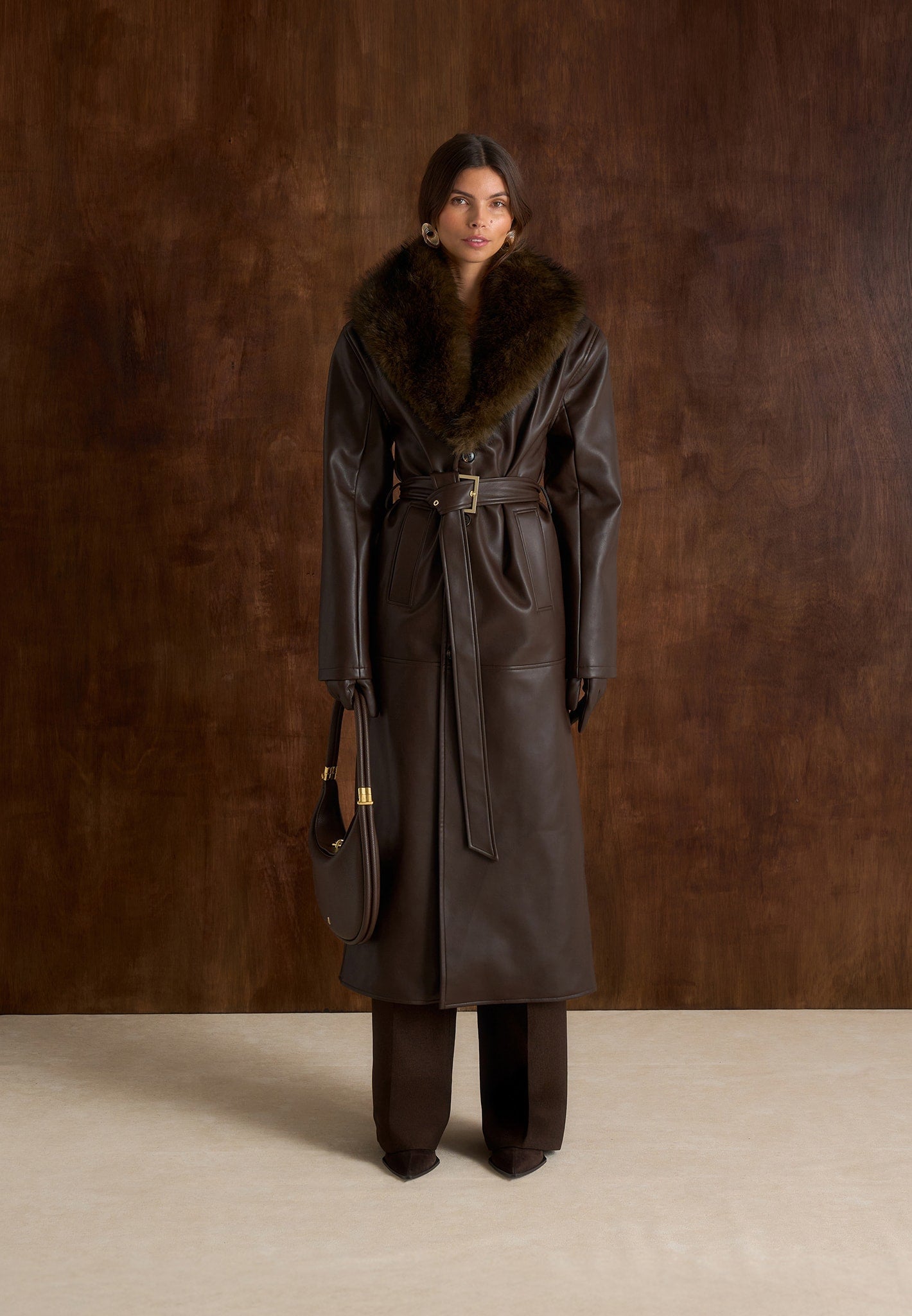 Cenya - Fur Collar Belted Leather Coat - Brown