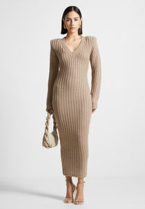 Wide Shoulder Knitted Midaxi Dress - Taupe