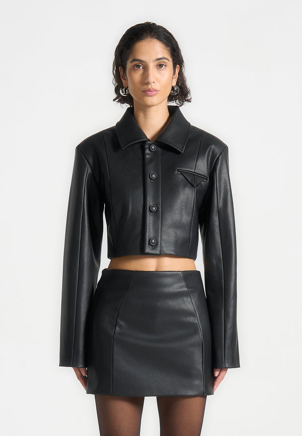 Ania - Wide Shoulder Pebbled Leather Jacket - Black
