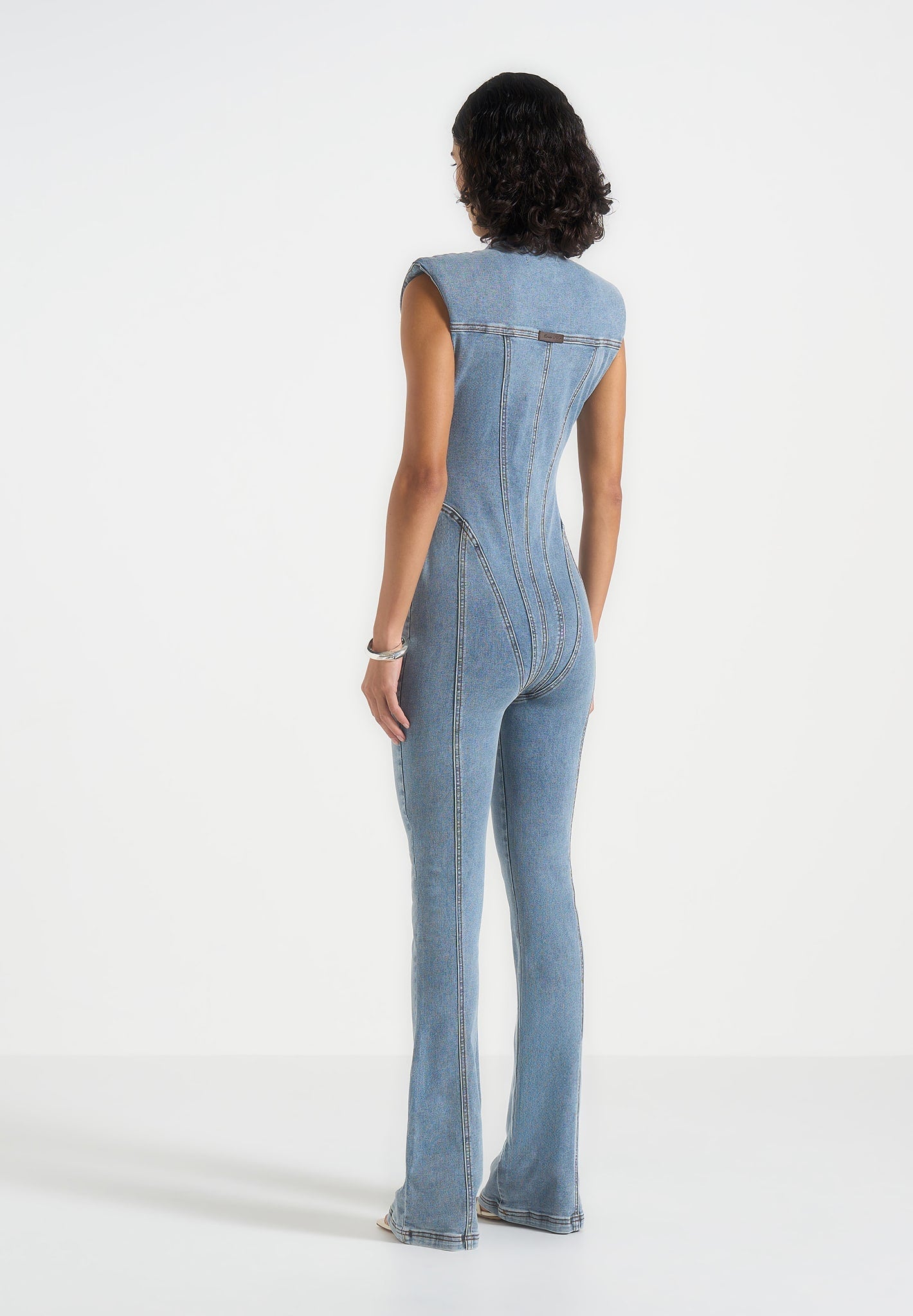 Annette - Seam Detail Fit & Flare Denim Jumpsuit - Mid Blue