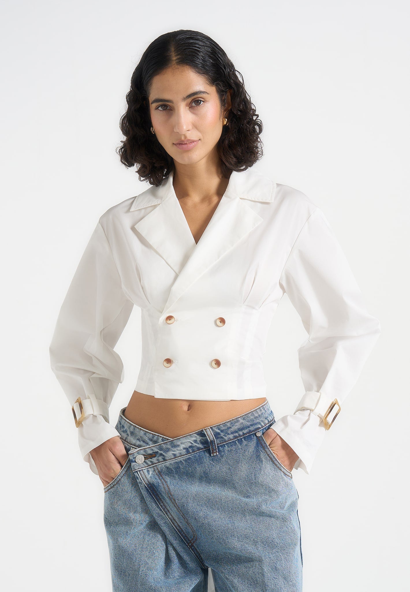 Andrea - Cropped Double-Breasted Open Back Tie Shirt - White 