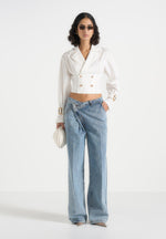 Andrea - Cropped Double-Breasted Open Back Tie Shirt - White