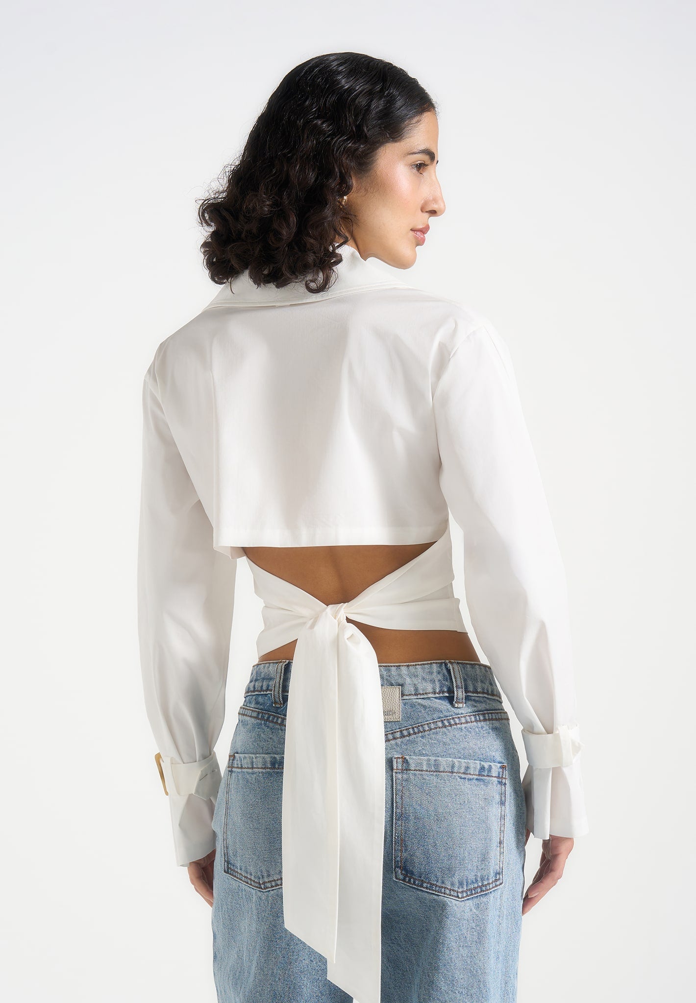 Andrea - Cropped Double-Breasted Open Back Tie Shirt - White 