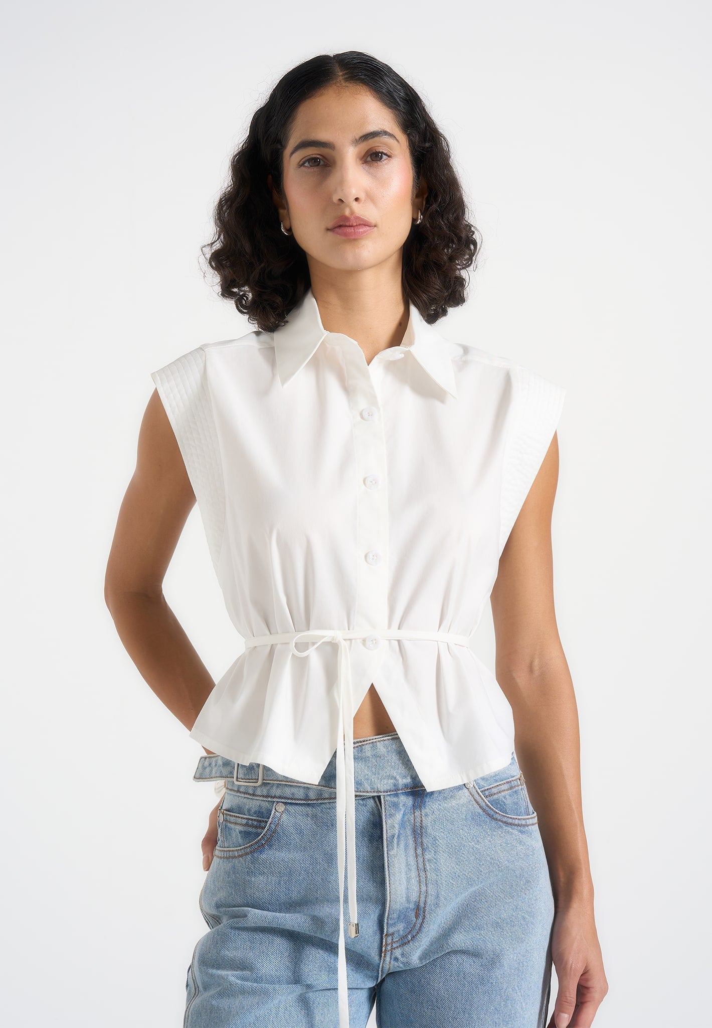 Malia - Sleeveless Tie Waist Cropped Shirt - White 
