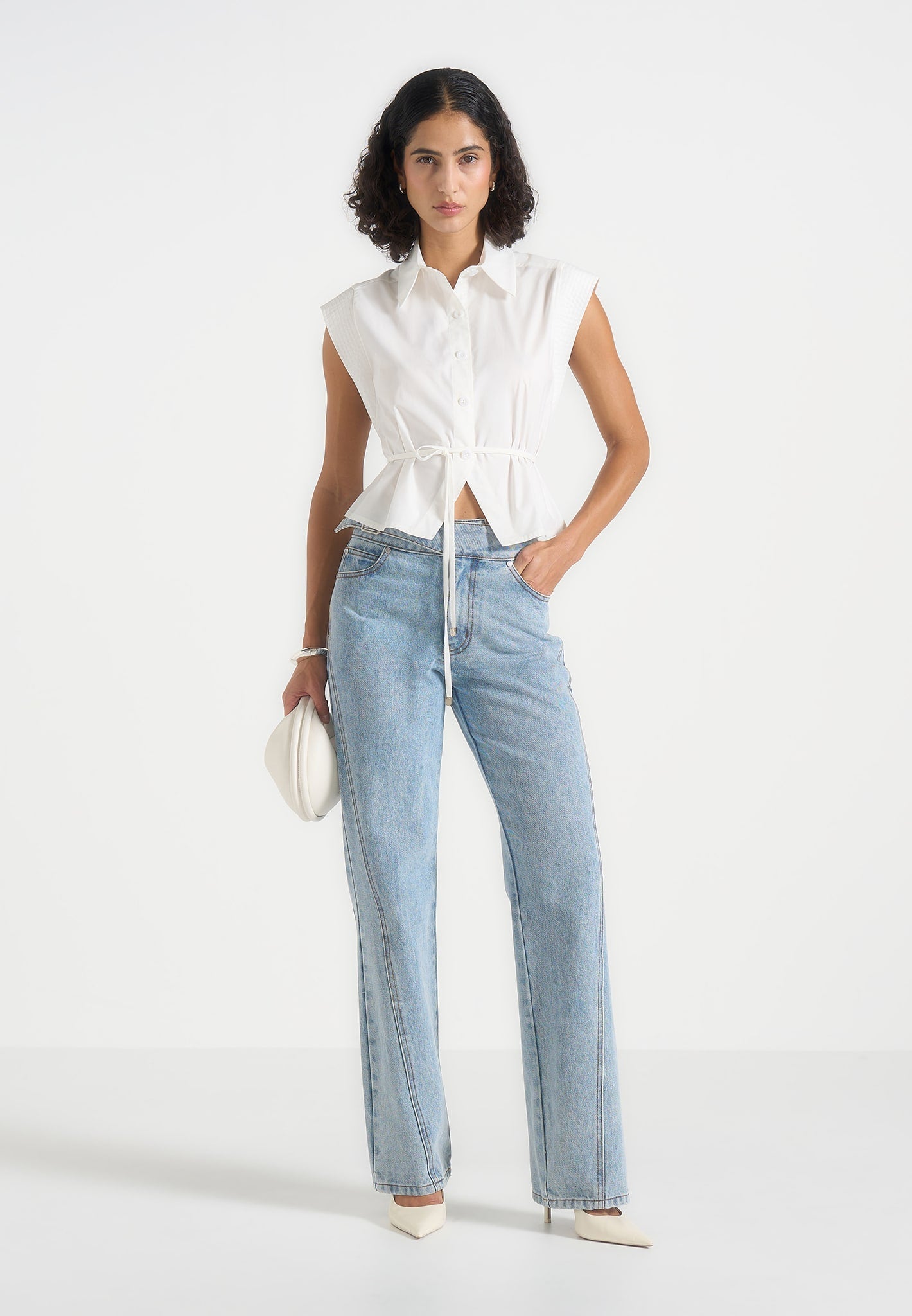 Malia - Sleeveless Tie Waist Cropped Shirt - White 
