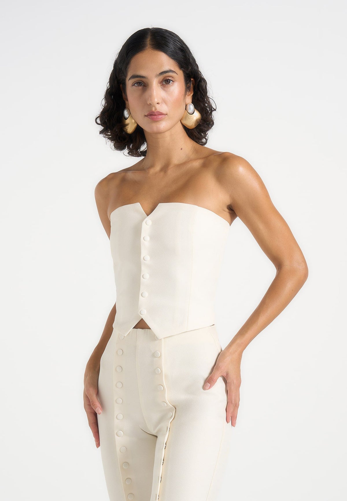 Lise - Cropped Tailored Blazer & Button Detail Bandeau - Off White