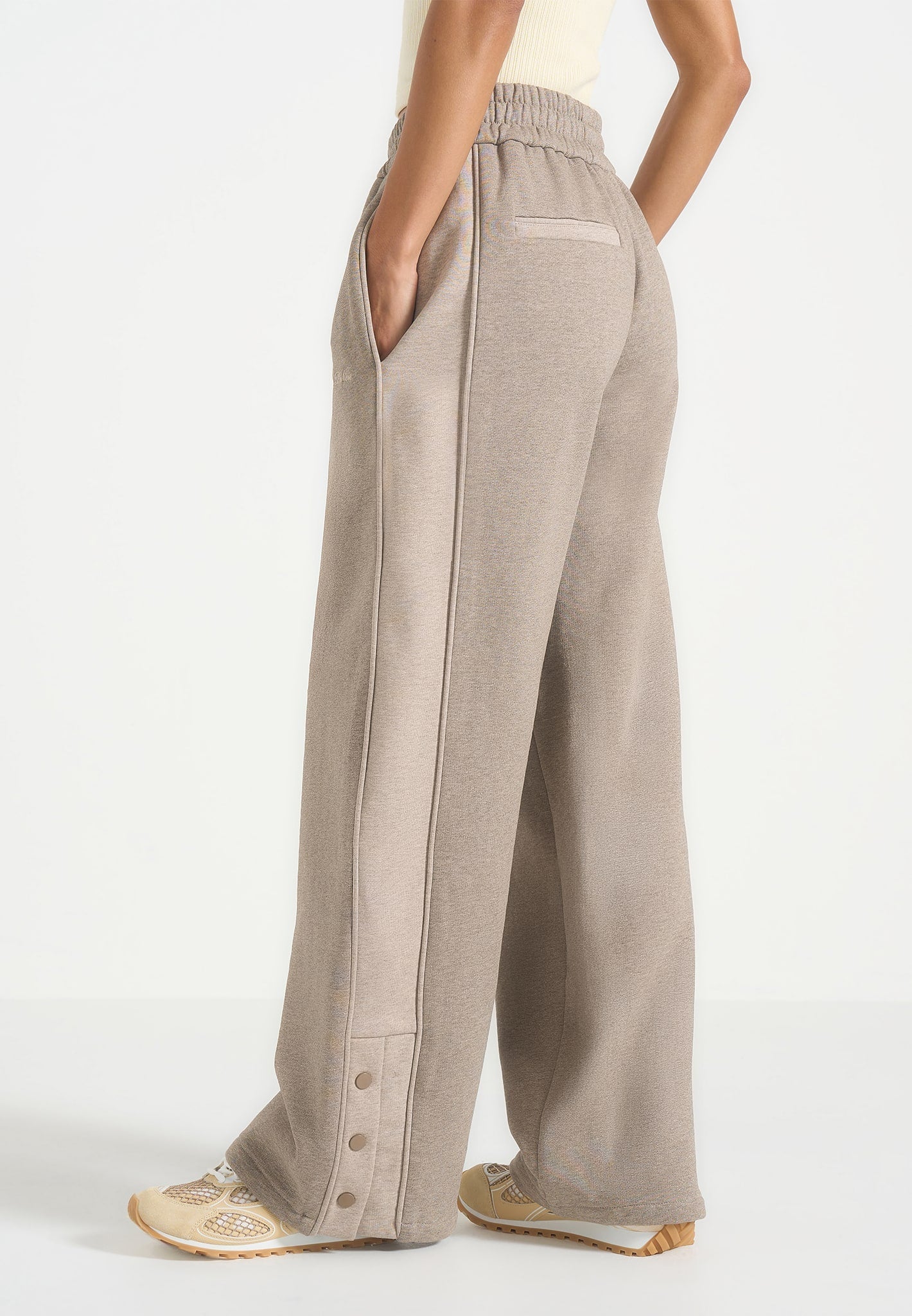 Caya - Two Tone Wide Leg Popper Joggers - Taupe