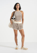 Malena - Contrast Velour Halter Top - Beige
