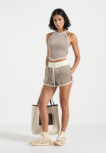 Delina - Contrast Velour Mini Shorts - Taupe