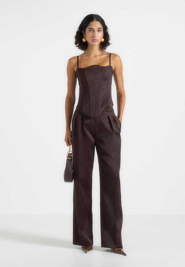 Julie - Satin Tailored Twin Pleat Pants - Brown